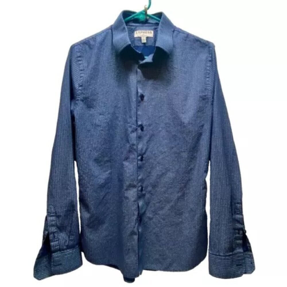 Express Dress Shirt Men’s Small 14-14.5" Neck Blue Geometric Extra Slim Button‎